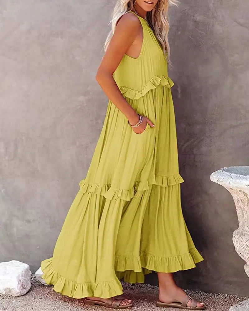 Women Summer Casual Dress Elegant Solid Ruffles Maxi for Beach Party Evening Vestuto