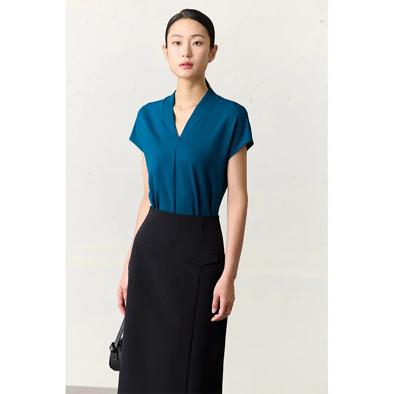 T-shirt for Summer Women's Classic Style Casual Short Sleeve Solid Stretch Female Tops