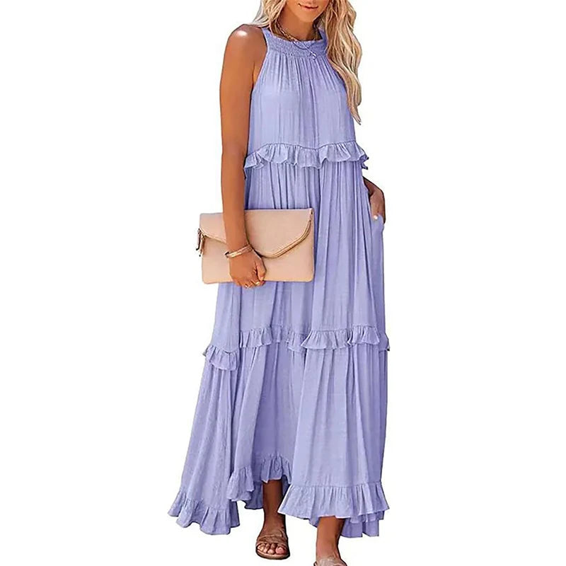 Women Summer Casual Dress Elegant Solid Ruffles Maxi for Beach Party Evening Vestuto