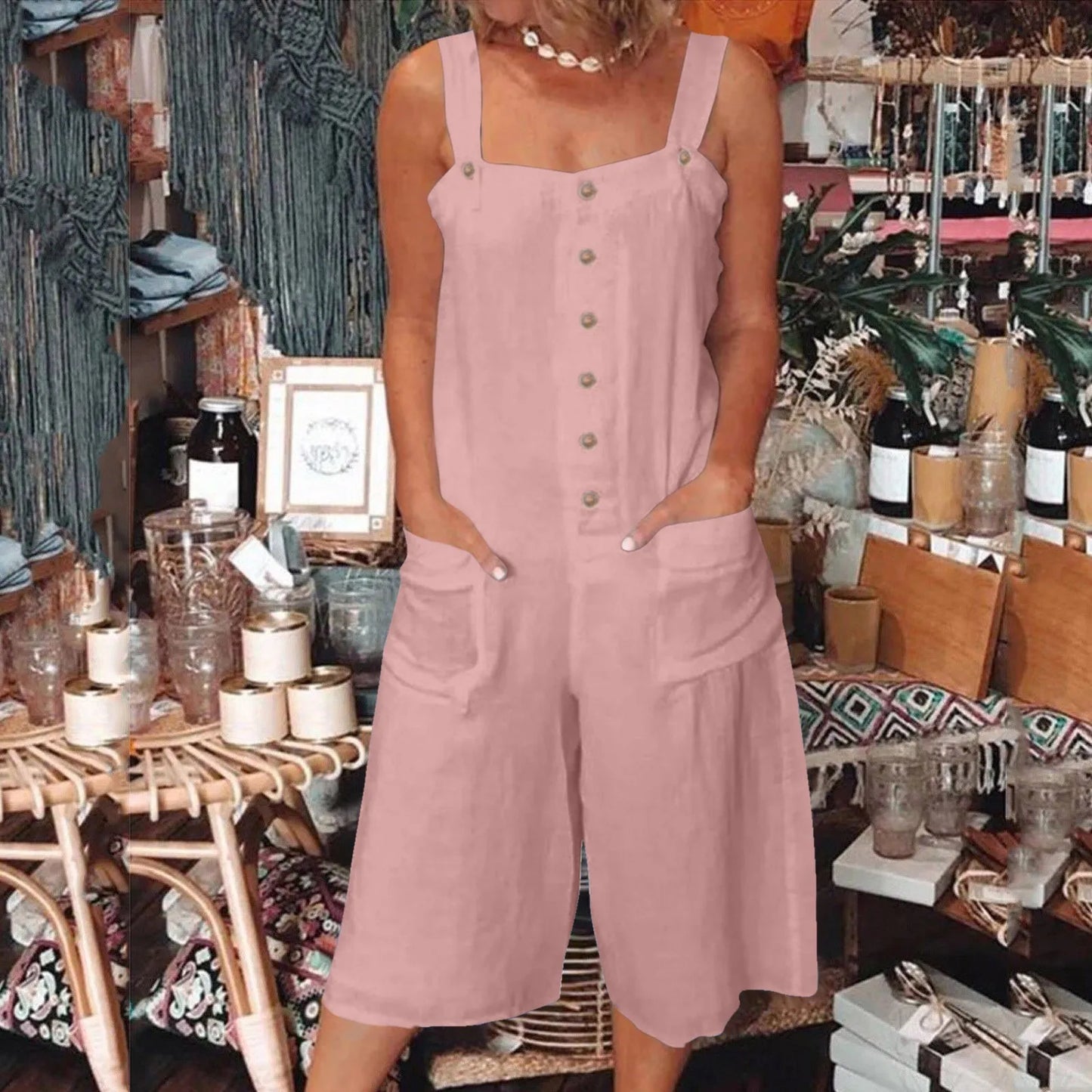 Rhombs for Women's Loose Casual Jumpsuits Cotton Linen Wide Leg Jumpsuits Bib Pants Baggy Overalls With Pockets Summer Female Outfits