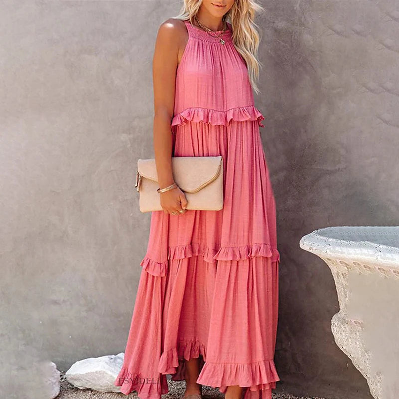 Women Summer Casual Dress Elegant Solid Ruffles Maxi for Beach Party Evening Vestuto