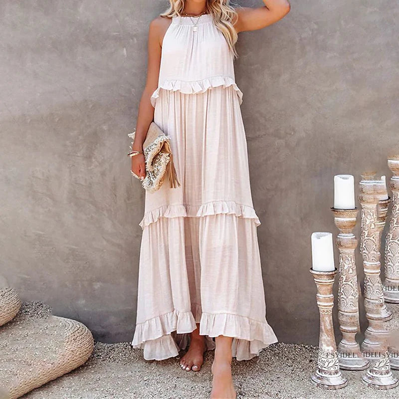 Women Summer Casual Dress Elegant Solid Ruffles Maxi for Beach Party Evening Vestuto