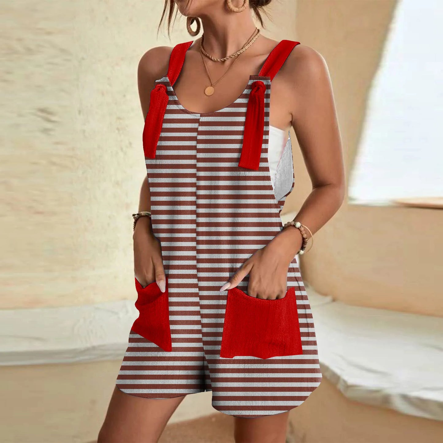 Rhomb for Women Striped Print Jumpsuit Fashion Summer Casual Rompers with Pocket Strap Tie Knot Short Jumpsuits