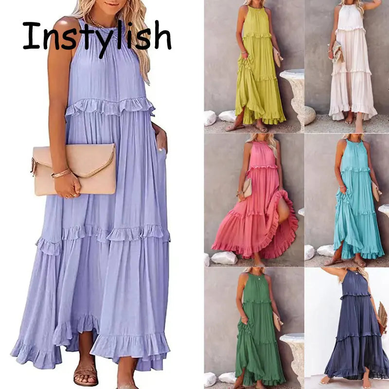 Women Summer Casual Dress Elegant Solid Ruffles Maxi for Beach Party Evening Vestuto