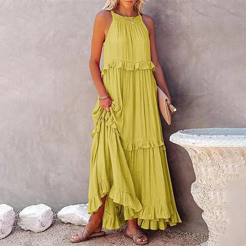 Women Summer Casual Dress Elegant Solid Ruffles Maxi for Beach Party Evening Vestuto
