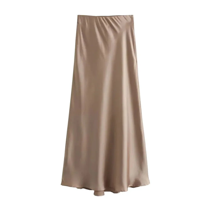Elegant Women's Skirts Satin High Waist Long For Summer Black Midi Office