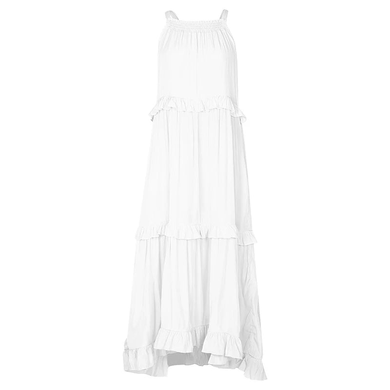 Women Summer Casual Dress Elegant Solid Ruffles Maxi for Beach Party Evening Vestuto