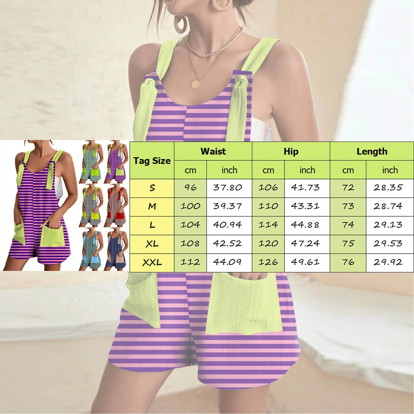 Rhomb for Women Striped Print Jumpsuit Fashion Summer Casual Rompers with Pocket Strap Tie Knot Short Jumpsuits