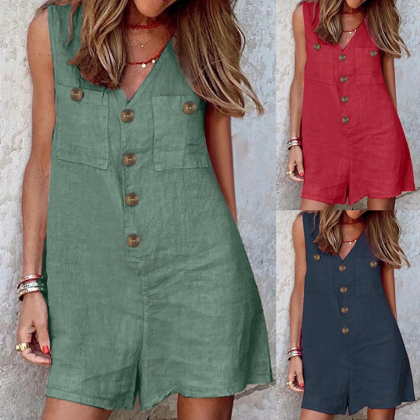 Rhombs for Women's Patchwork Button Front Jumpsuit Solid V Neck Romper Apparatus False Pretense Loose Shorts Jumpsuit Women