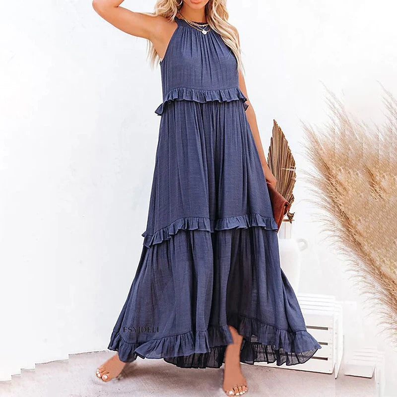 Women Summer Casual Dress Elegant Solid Ruffles Maxi for Beach Party Evening Vestuto