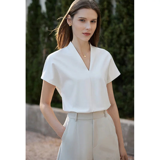 T-shirt for Summer Women's Classic Style Casual Short Sleeve Solid Stretch Female Tops