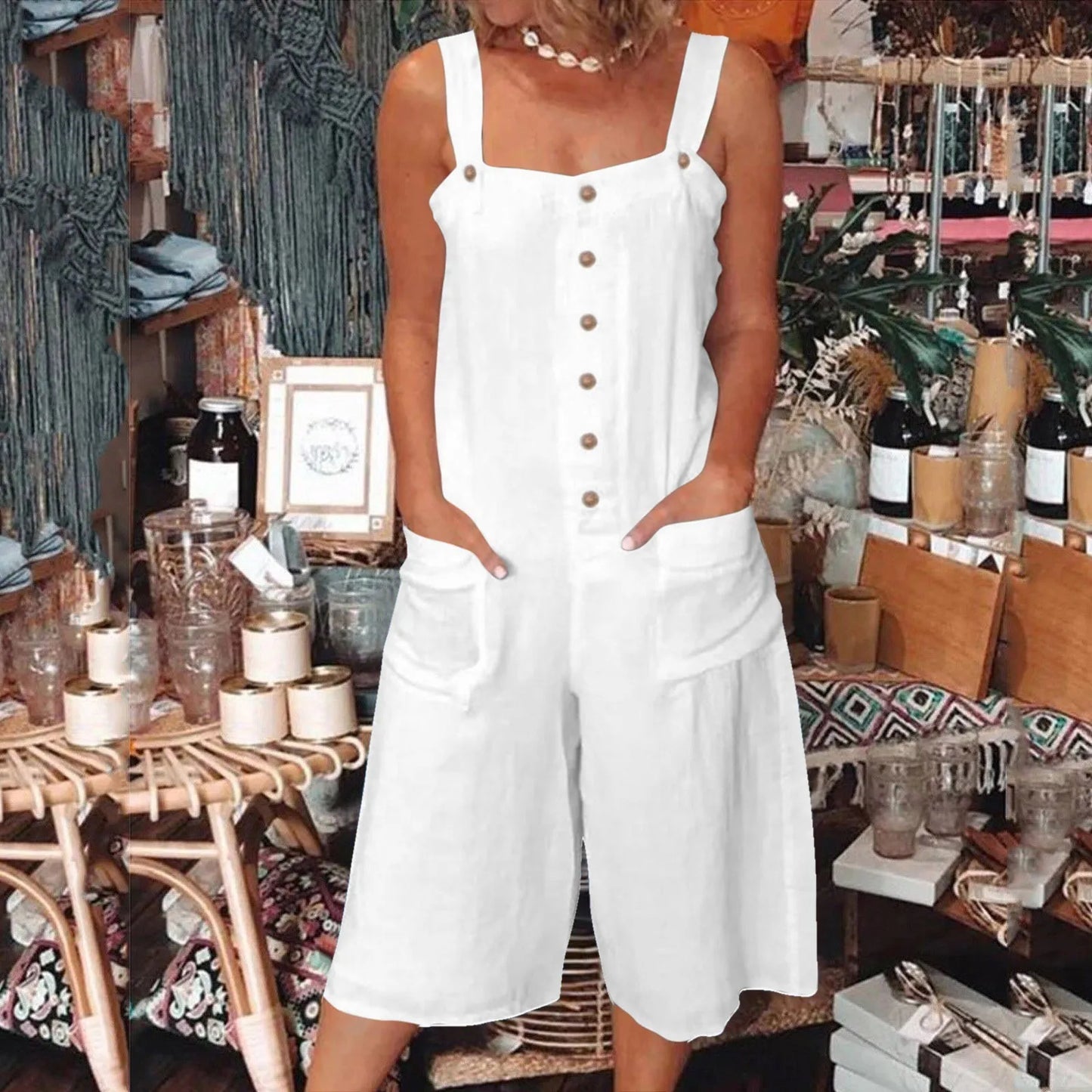 Rhombs for Women's Loose Casual Jumpsuits Cotton Linen Wide Leg Jumpsuits Bib Pants Baggy Overalls With Pockets Summer Female Outfits