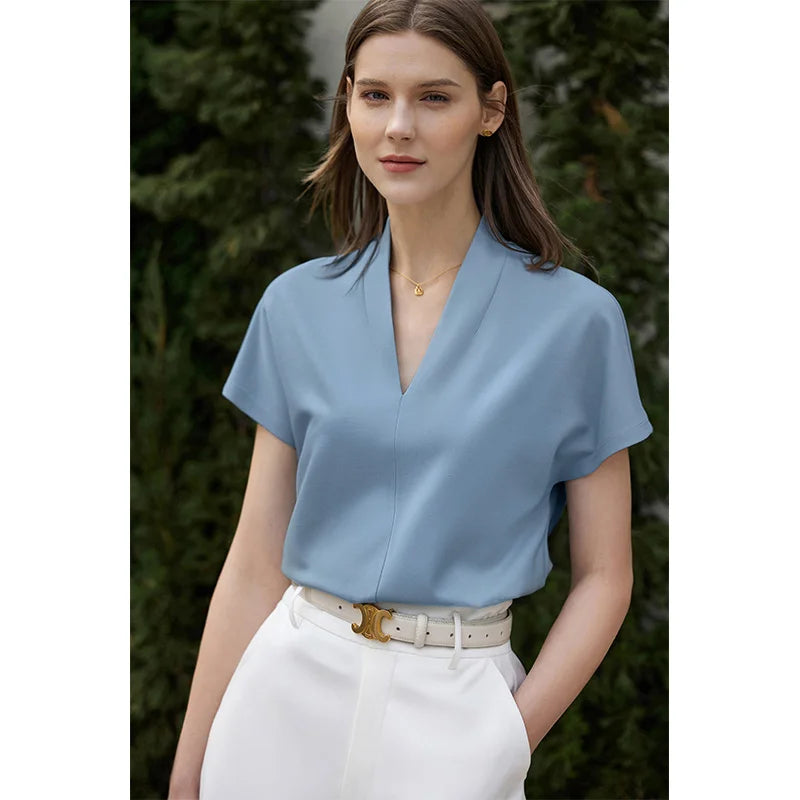 T-shirt for Summer Women's Classic Style Casual Short Sleeve Solid Stretch Female Tops