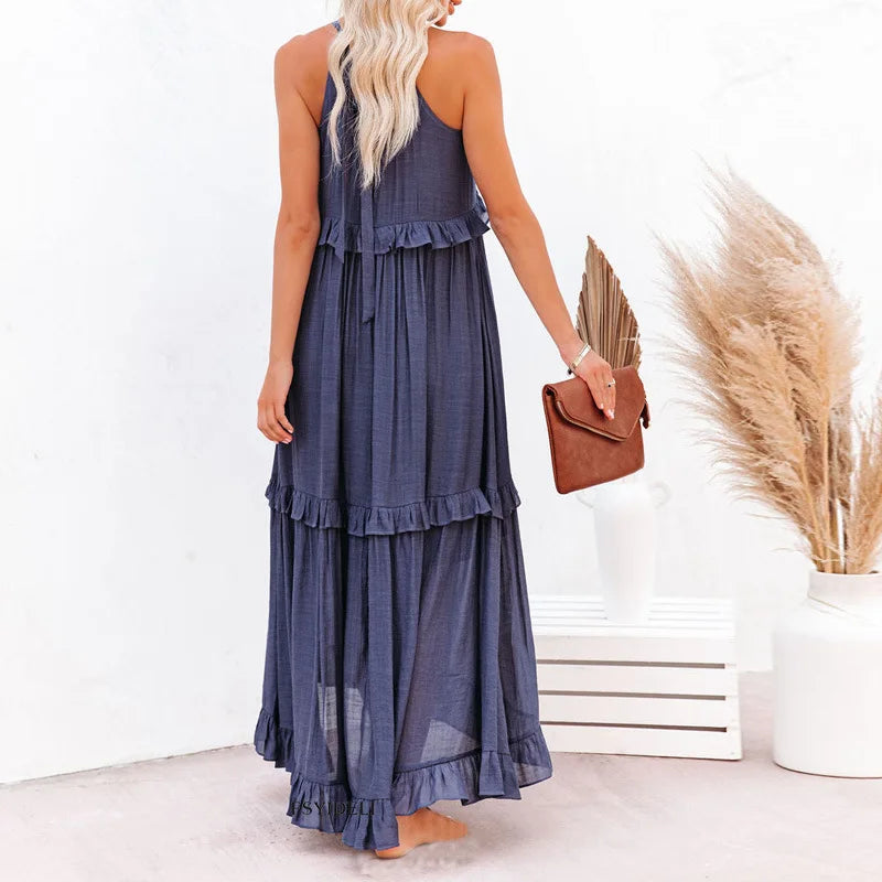 Women Summer Casual Dress Elegant Solid Ruffles Maxi for Beach Party Evening Vestuto