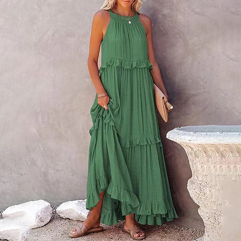 Women Summer Casual Dress Elegant Solid Ruffles Maxi for Beach Party Evening Vestuto