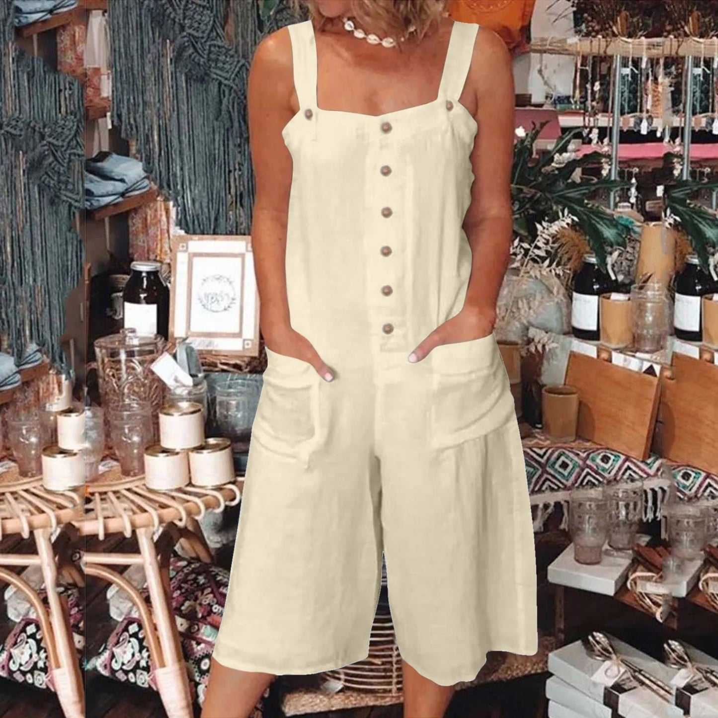 Rhombs for Women's Loose Casual Jumpsuits Cotton Linen Wide Leg Jumpsuits Bib Pants Baggy Overalls With Pockets Summer Female Outfits