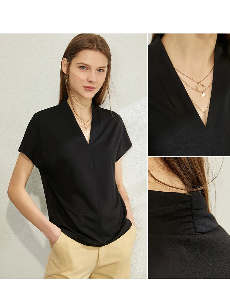 T-shirt for Summer Women's Classic Style Casual Short Sleeve Solid Stretch Female Tops