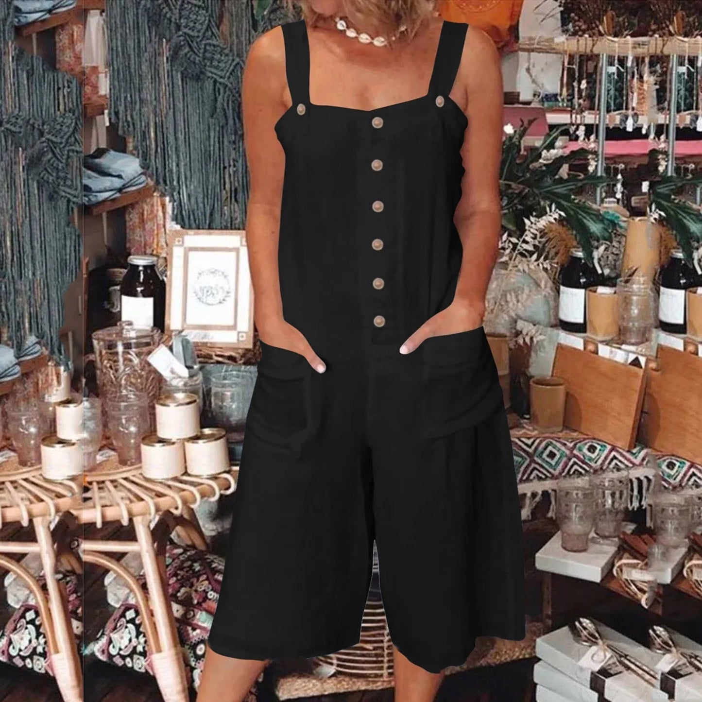 Rhombs for Women's Loose Casual Jumpsuits Cotton Linen Wide Leg Jumpsuits Bib Pants Baggy Overalls With Pockets Summer Female Outfits