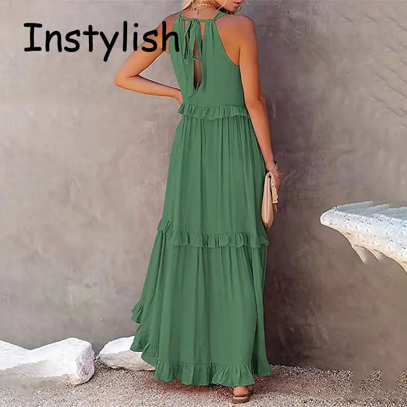 Women Summer Casual Dress Elegant Solid Ruffles Maxi for Beach Party Evening Vestuto