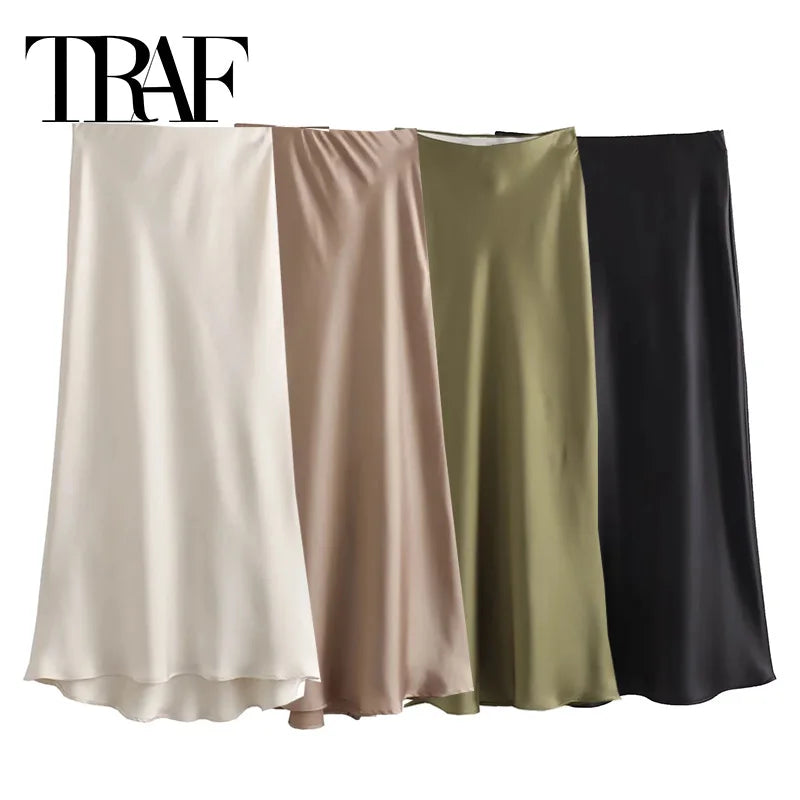 Elegant Women's Skirts Satin High Waist Long For Summer Black Midi Office