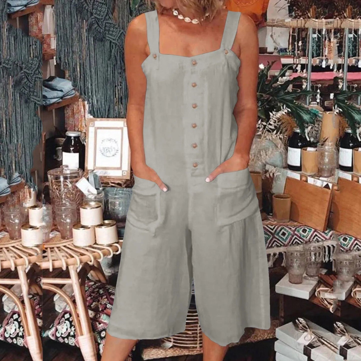 Rhombs for Women's Loose Casual Jumpsuits Cotton Linen Wide Leg Jumpsuits Bib Pants Baggy Overalls With Pockets Summer Female Outfits