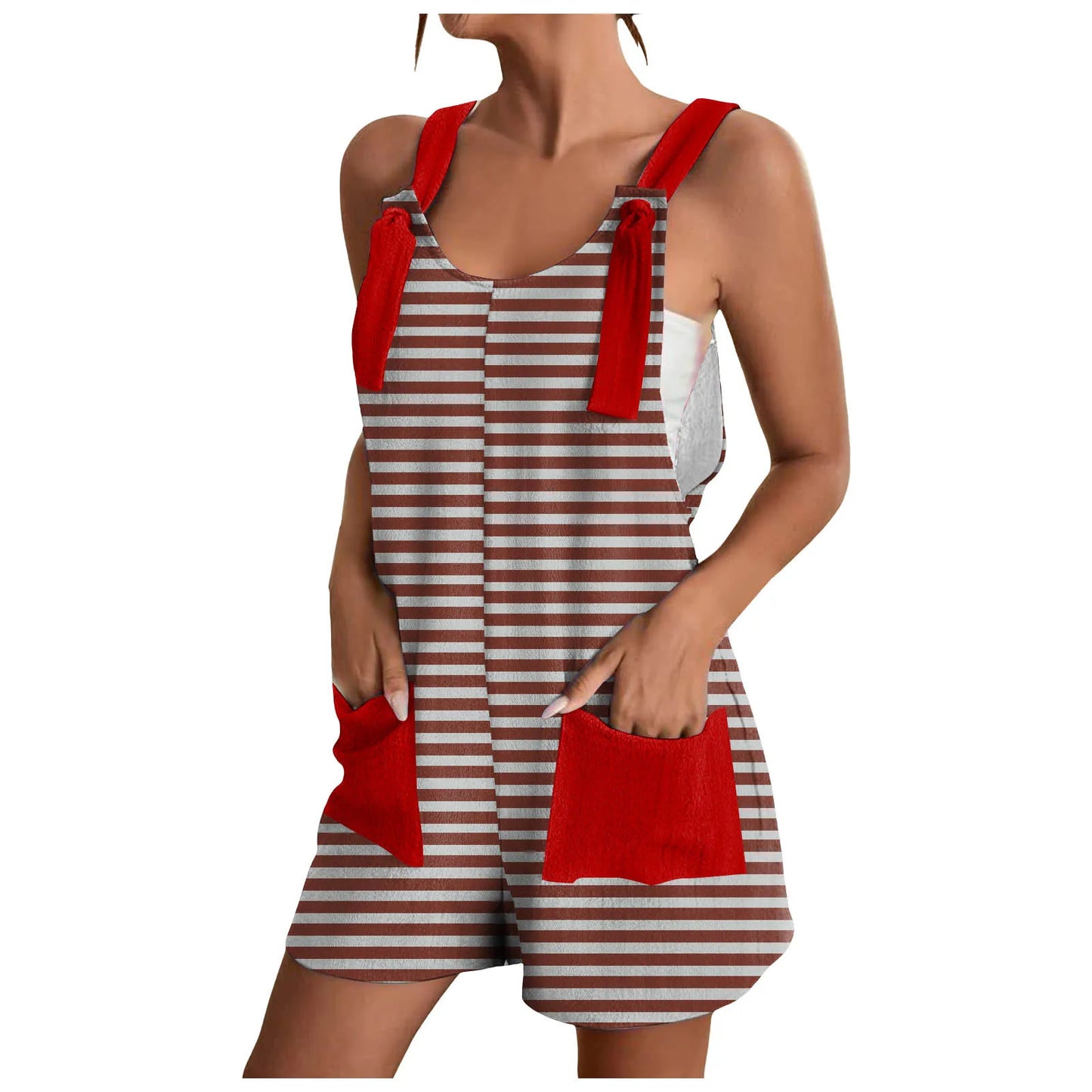 Rhomb for Women Striped Print Jumpsuit Fashion Summer Casual Rompers with Pocket Strap Tie Knot Short Jumpsuits
