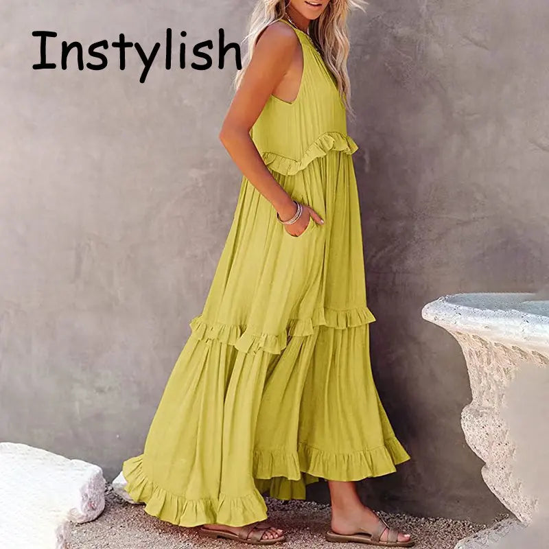Women Summer Casual Dress Elegant Solid Ruffles Maxi for Beach Party Evening Vestuto