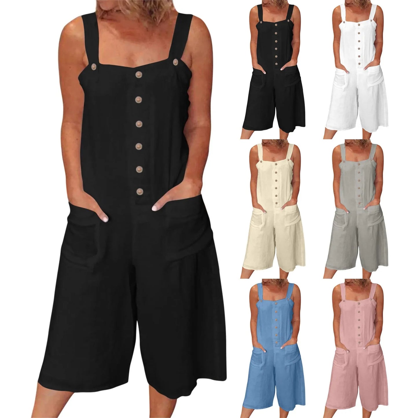 Rhombs for Women's Loose Casual Jumpsuits Cotton Linen Wide Leg Jumpsuits Bib Pants Baggy Overalls With Pockets Summer Female Outfits