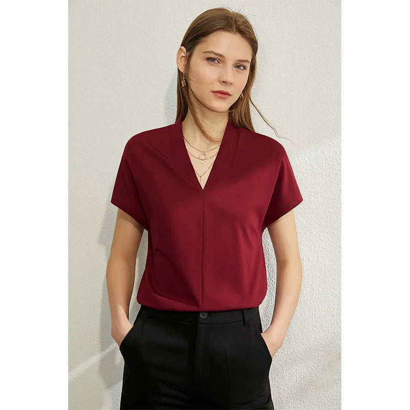 T-shirt for Summer Women's Classic Style Casual Short Sleeve Solid Stretch Female Tops