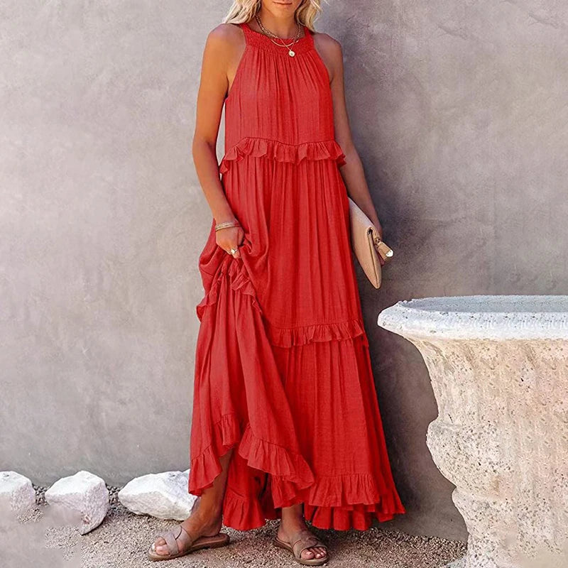 Women Summer Casual Dress Elegant Solid Ruffles Maxi for Beach Party Evening Vestuto