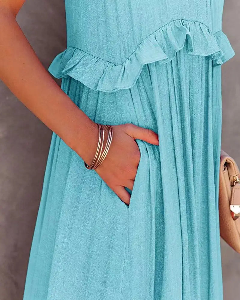 Women Summer Casual Dress Elegant Solid Ruffles Maxi for Beach Party Evening Vestuto