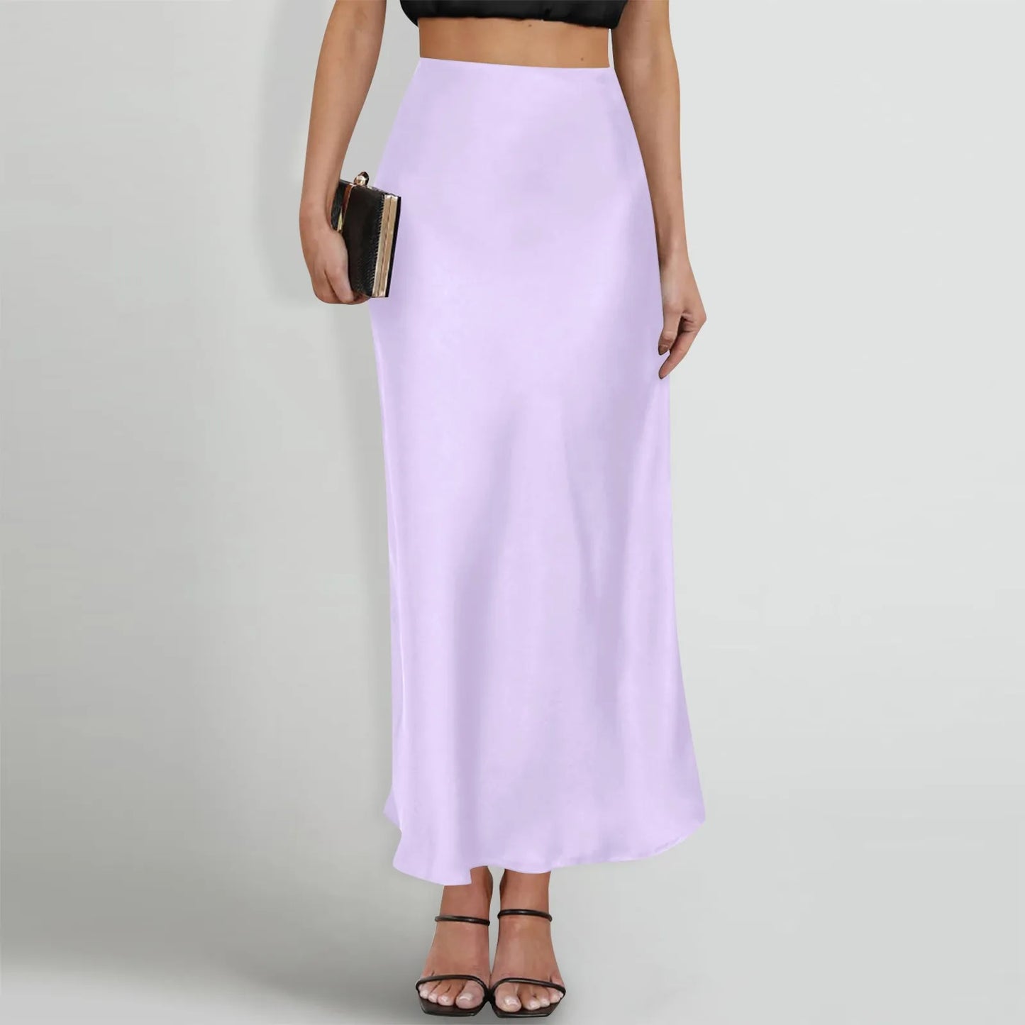 New Long Skirt Light Purple Elegant Satin High Waisted Fishtail Chic Irregular Bag Hip Ruffle Swing Pleated