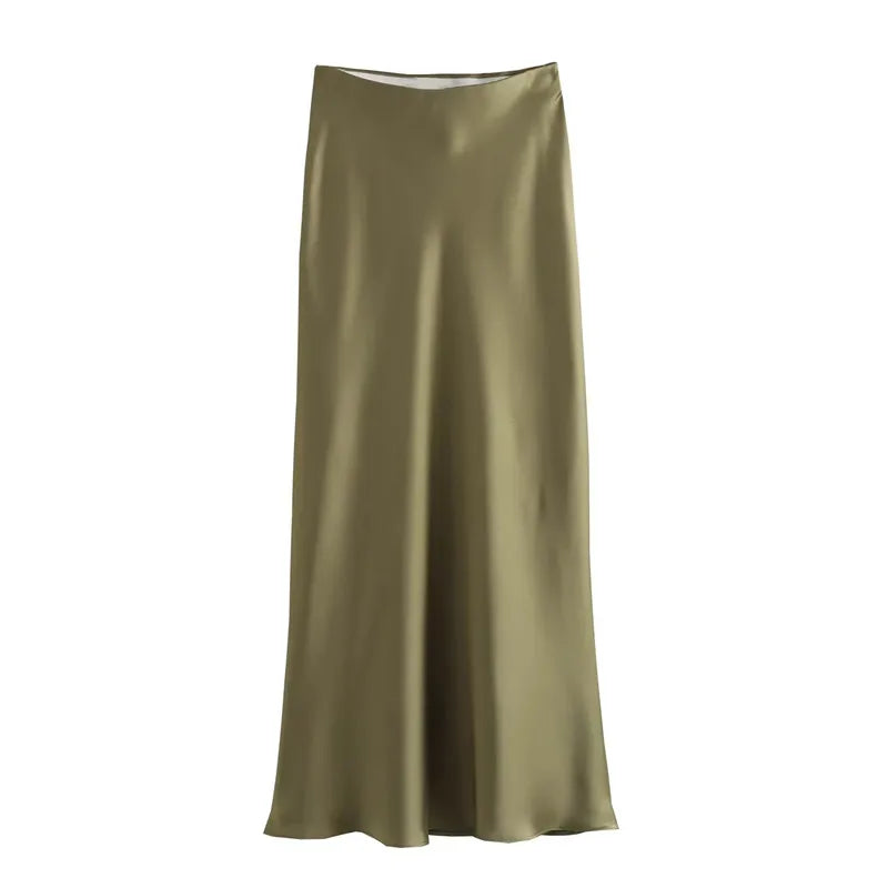Elegant Women's Skirts Satin High Waist Long For Summer Black Midi Office