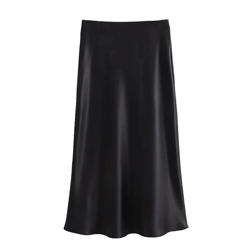 Elegant Women's Skirts Satin High Waist Long For Summer Black Midi Office