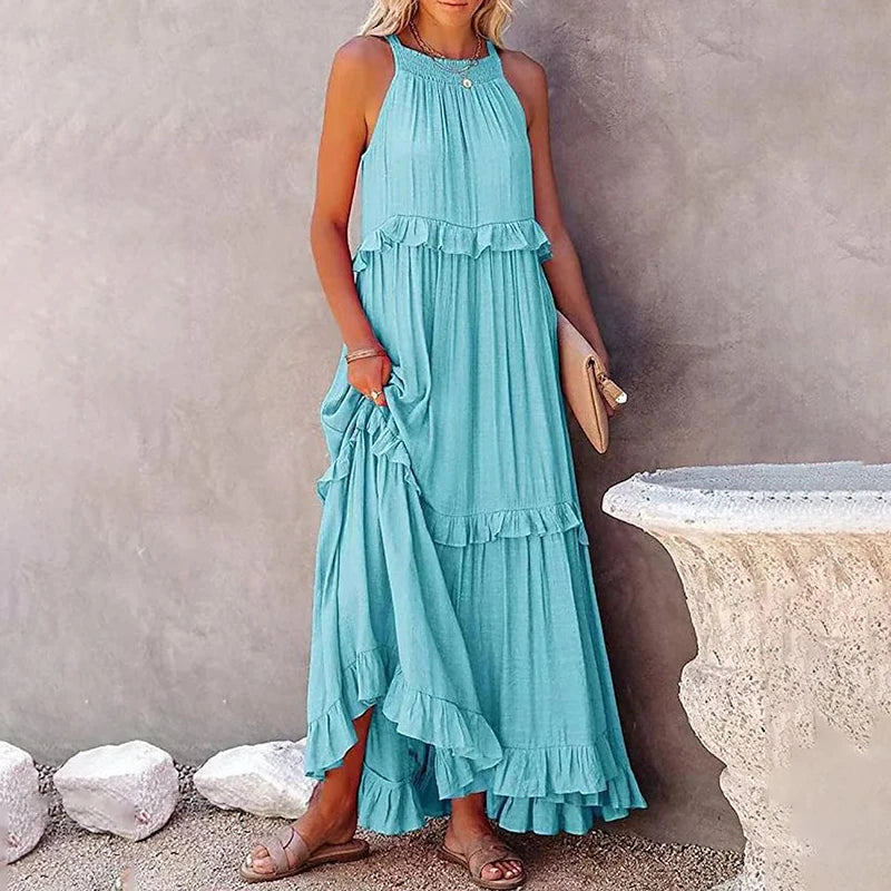 Women Summer Casual Dress Elegant Solid Ruffles Maxi for Beach Party Evening Vestuto