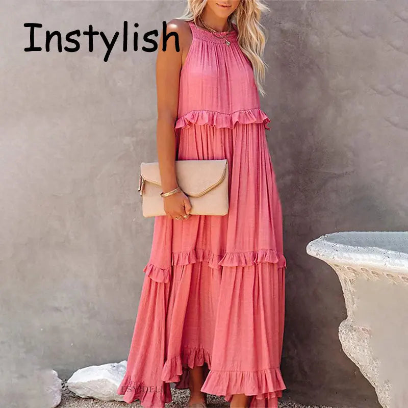 Women Summer Casual Dress Elegant Solid Ruffles Maxi for Beach Party Evening Vestuto