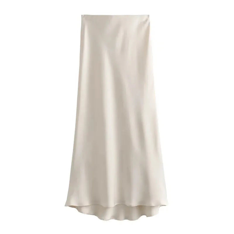 Elegant Women's Skirts Satin High Waist Long For Summer Black Midi Office