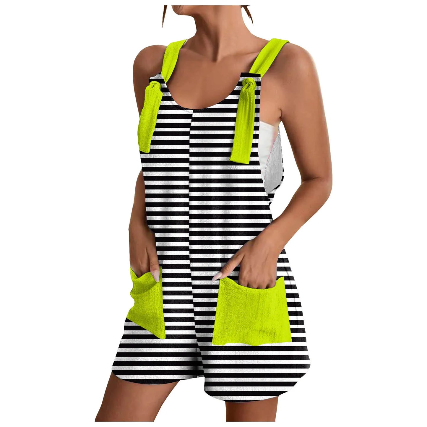 Rhomb for Women Striped Print Jumpsuit Fashion Summer Casual Rompers with Pocket Strap Tie Knot Short Jumpsuits