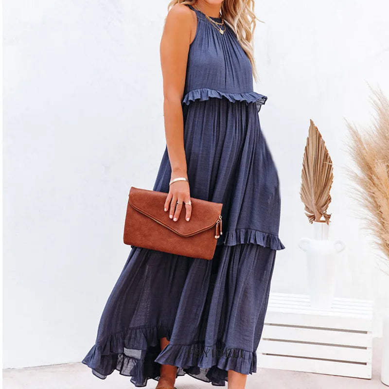Women Summer Casual Dress Elegant Solid Ruffles Maxi for Beach Party Evening Vestuto