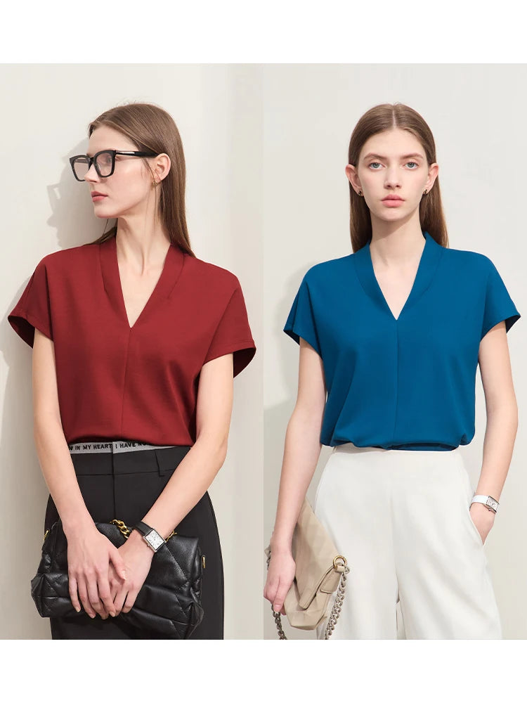 T-shirt for Summer Women's Classic Style Casual Short Sleeve Solid Stretch Female Tops