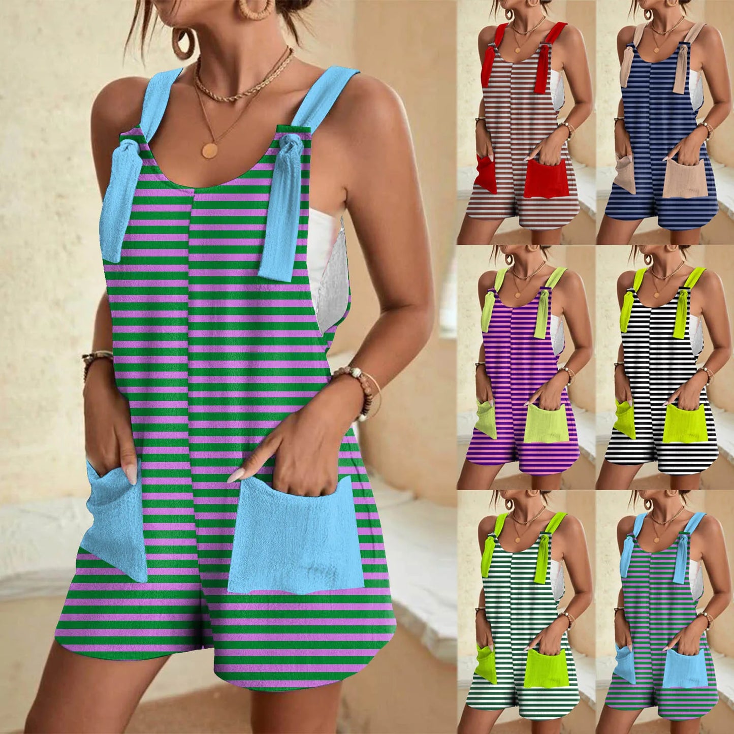 Rhomb for Women Striped Print Jumpsuit Fashion Summer Casual Rompers with Pocket Strap Tie Knot Short Jumpsuits