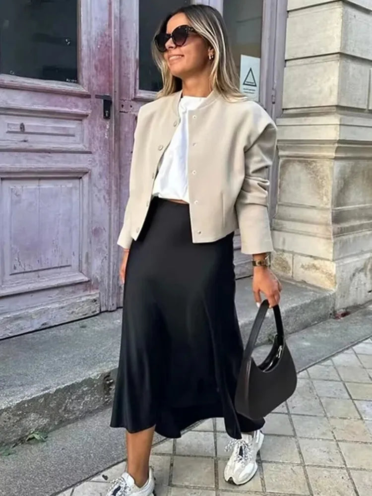 Elegant Women's Skirts Satin High Waist Long For Summer Black Midi Office