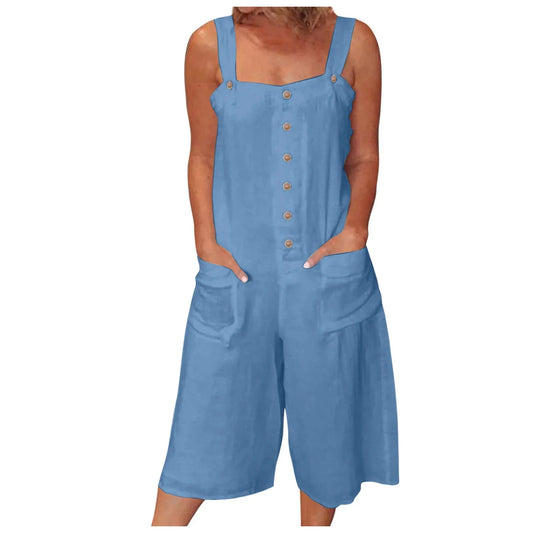 Rhombs for Womens Loose Casual Jumpsuits Cotton Linen Wide Leg Jumpsuits Bib Pants Baggy Overalls With Pockets Summer Female Outfits