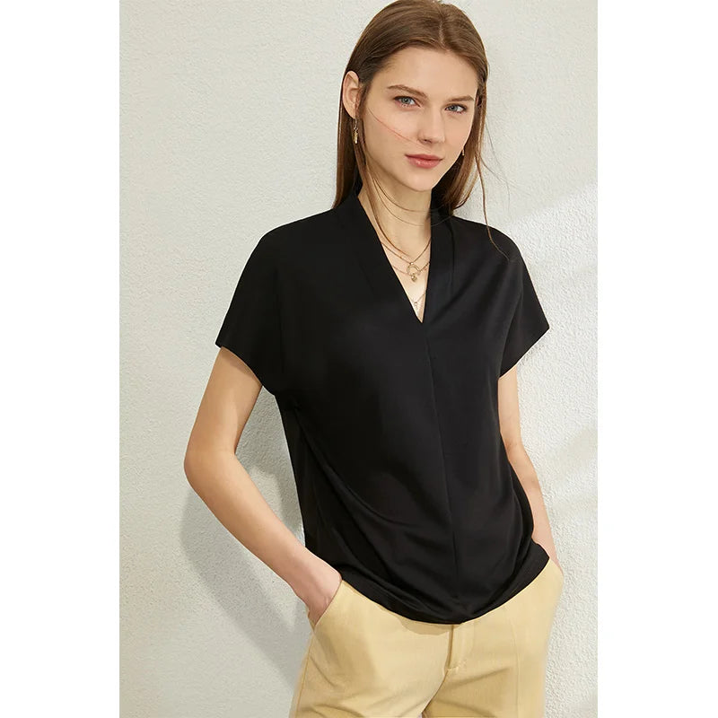 T-shirt for Summer Women's Classic Style Casual Short Sleeve Solid Stretch Female Tops