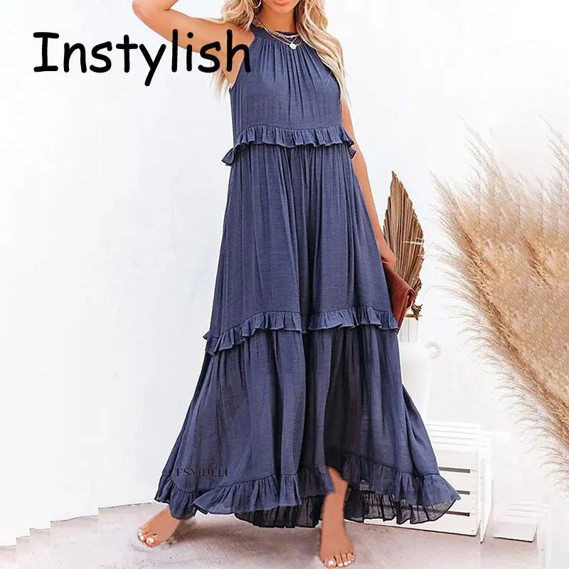 Women Summer Casual Dress Elegant Solid Ruffles Maxi for Beach Party Evening Vestuto
