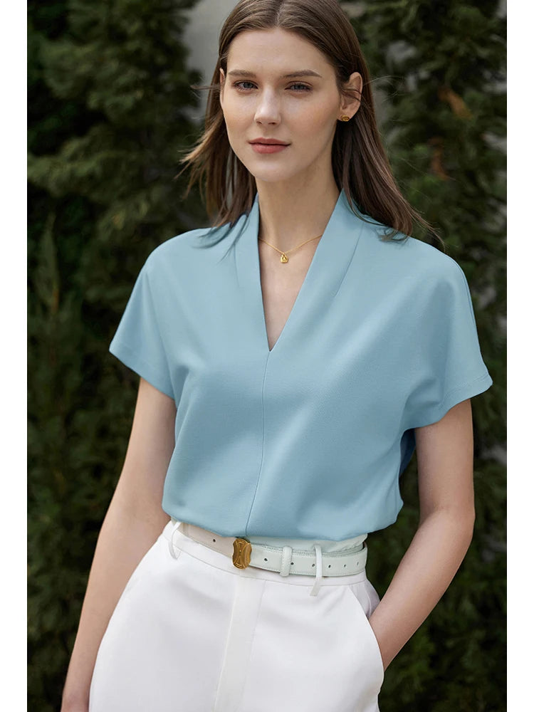 T-shirt for Summer Women's Classic Style Casual Short Sleeve Solid Stretch Female Tops