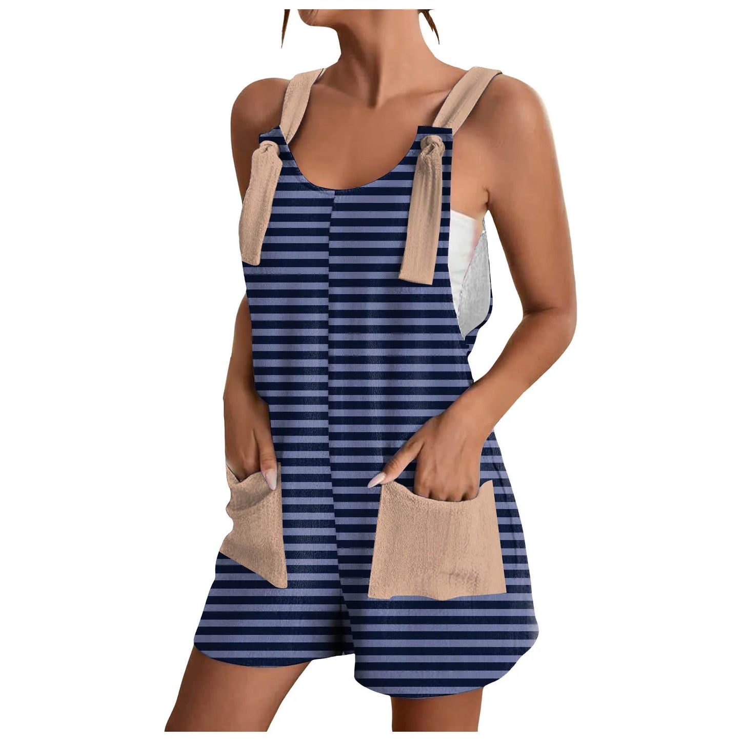 Rhomb for Women Striped Print Jumpsuit Fashion Summer Casual Rompers with Pocket Strap Tie Knot Short Jumpsuits